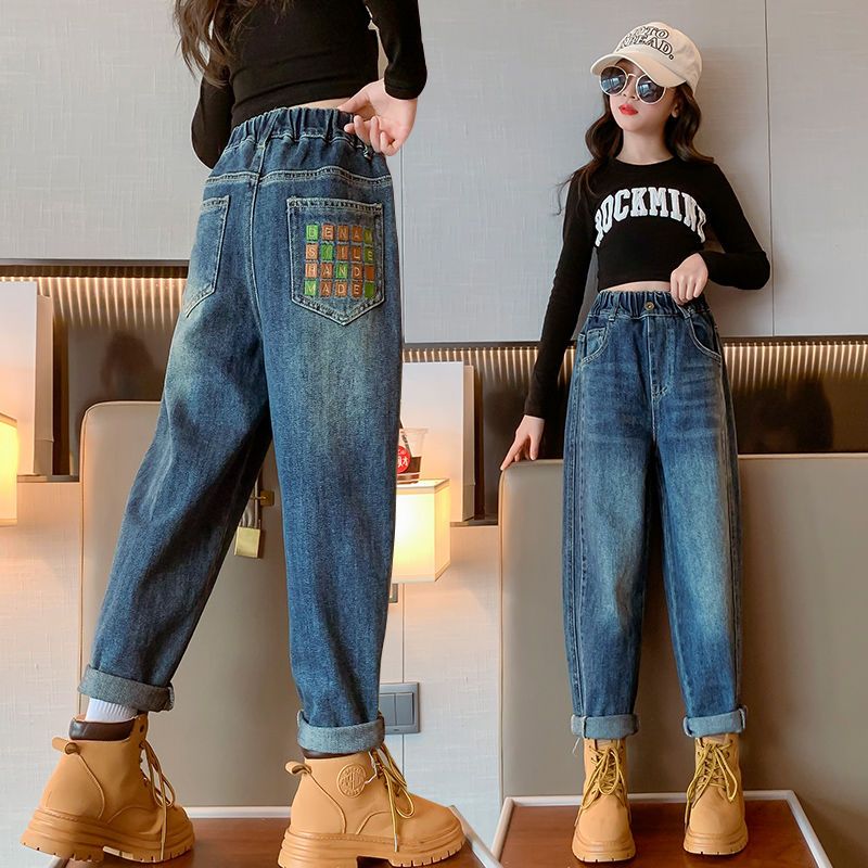 P girls jeans medium and older children's foreign dad pants wide-leg wear loose spring and autumn Korean version children's casual elastic pants