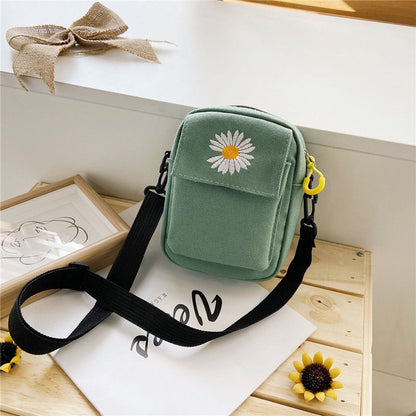 P Daisy Canvas Bag Bag Women's Crossbody Bag Korean Student Shoulder Bag Ins Internet Celebrity Versatile Small Square Bag Mobile Phone Bag 0.1KG