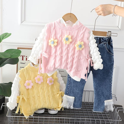 Girls Spring and Autumn Set New Little Girl Cute Knitted Vest Jeans Children's Western Style Three piece Set Trendy