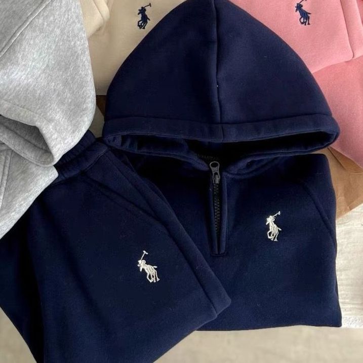 P Embroidered Children's Suit Winter New Boys and Girls Half Zipper Fleece Hooded Sweater Baby Sweatpants Two-piece Set