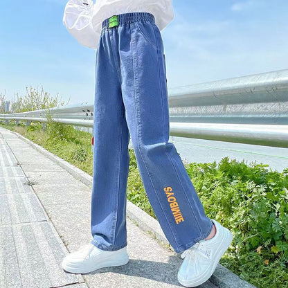 P girls spring and autumn jeans wide-leg pants 2024 new girls Korean version loose fashion foreign style middle-aged pants tide