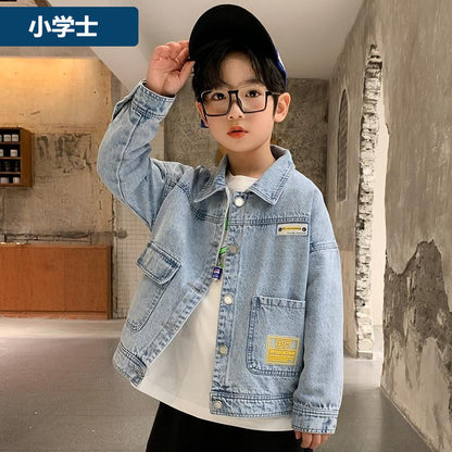 P Boys Denim Jacket Spring 2024 New Children's Denim Clothing Medium and Older Children's Casual Top Boys Spring and Autumn Children's Clothing