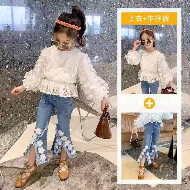 Girls' Spring Casual Set 2022 New Children's Internet Celebrity Foreign Style Little Girl Spring and Autumn Jeans Two-Piece Set