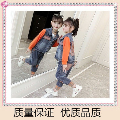 P Girls Denim Suit Spring and Autumn Girls 2024 Children's Foreign Style Soft Long Trendy Cool Korean Edition Medium and Older Children Two-piece Set