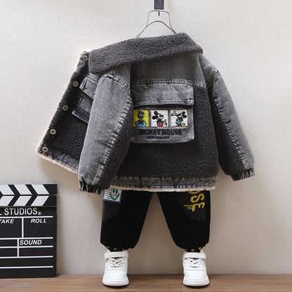 Boys' velvet denim jacket autumn and winter children's thickened denim jacket