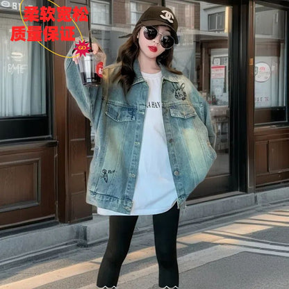 P girls denim jacket spring and autumn models middle-aged and older children's soft loose Korean version of girls denim clothes foreign style Internet celebrity hundred