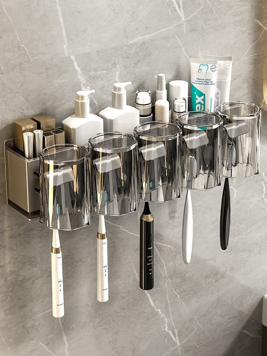 Gun ash toothbrush rack punch-free bathroom electric toothbrush holder gargle cup wall-mounted tooth cup storage rack