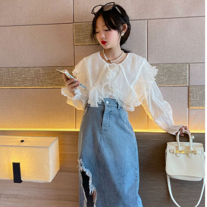 Girls Fashion Set 2024 New Western Style Big Boy Denim Skirt Set Trendy Internet Red Fashion Skirt Korean Edition