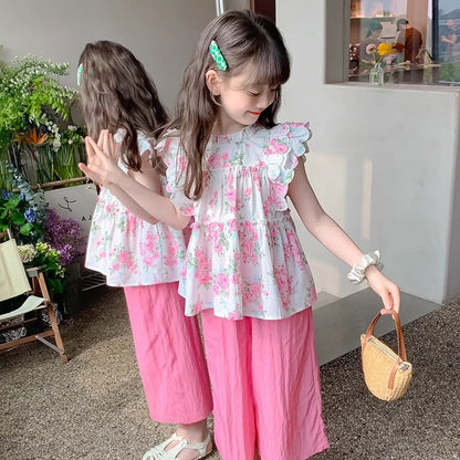 Conjunto de verano para niñas P 2024 Nuevo estilo occidental Internet de verano para niños Ropa de moda popular para niños Conjunto de dos piezas sin mangas para niñas pequeñas 