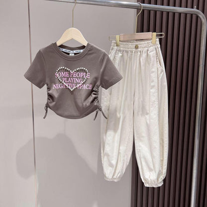 Conjunto de camiseta y pantalones bombachos con letras de amor de moda de edición coreana de verano para niñas P 2024, nuevos pantalones de verano para niñas 