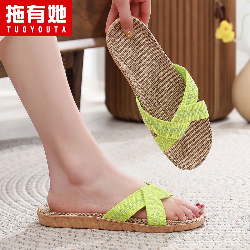 P Korean cute linen slippers summer ladies indoor non-slip sandals soft-soled household mute couple sandals and slippers women