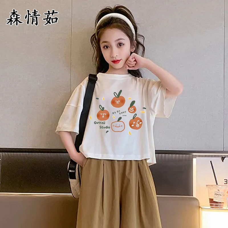 P Girls' suit, summer clothes, 2024 new foreign style girls, short-sleeved middle-sized children's wide-leg pants, cropped pants, two-piece children's clothes