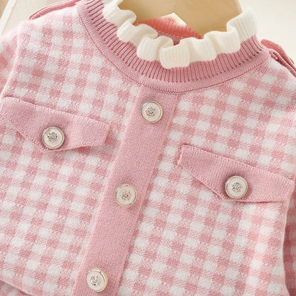 Girl's sweater set autumn and winter new Korean style western-style baby girl plaid small fragrant style knitted two-piece dress