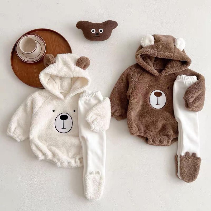 P ins baby clothes autumn and winter cute hooded bear baby velvet Romper climbing suit fart suit set two-piece set