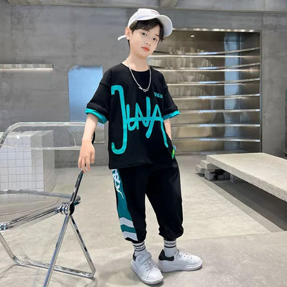 P boys summer suit thin children&#039;s 2023 new Korean fashion boy short sleeve ice silk pants two-piece.