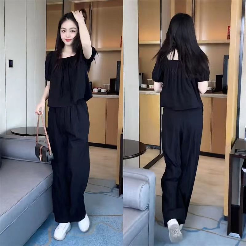 P high-end casual temperament shirt and pants two-piece set for women's 2023 summer fashionable age reducing bubble sleeve top set