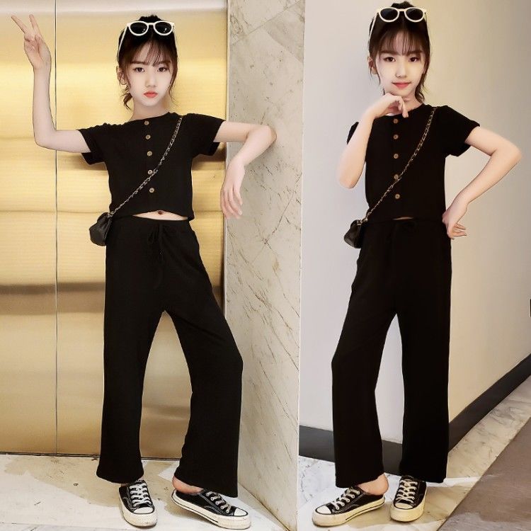 P Girls' summer suits, foreign fashion, Internet celebrity children's clothes, 2024 middle-aged and older children's girls, short-sleeved wide-leg pants two-piece set