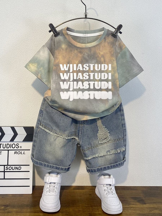 P Boys Summer Set Western Children's Short sleeved Denim Shorts 2024 New Fashionable and Handsome Baby Thin Clothes