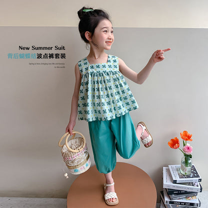 P ohm bear girl suit summer 2024 new fashionable western style online celebrity summer clothes baby children&#039;s short sleeves.