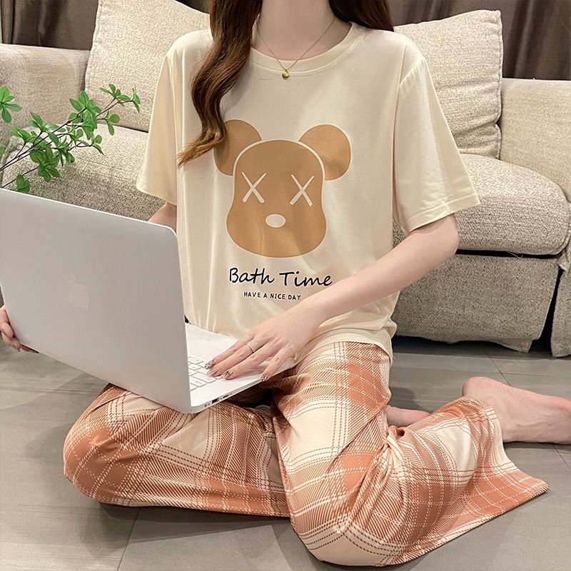 P cute bear pajamas women's summer new short-sleeved trousers thin Korean version loose can be worn outside Internet celebrity loungewear