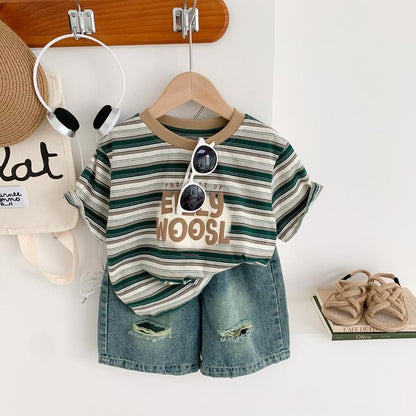 P Boys Summer Suit Foreign Style Kids Short Sleeve Denim Shorts 2024 New Fashionable Handsome Baby Thin Clothes