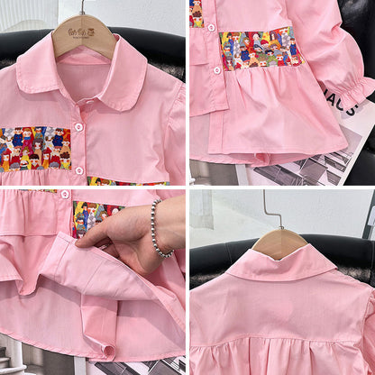 Camisa de niña 2024 nueva ropa de primavera y otoño para niños cosida de manga larga para niña que usa una camisa versátil de primavera al aire libre 