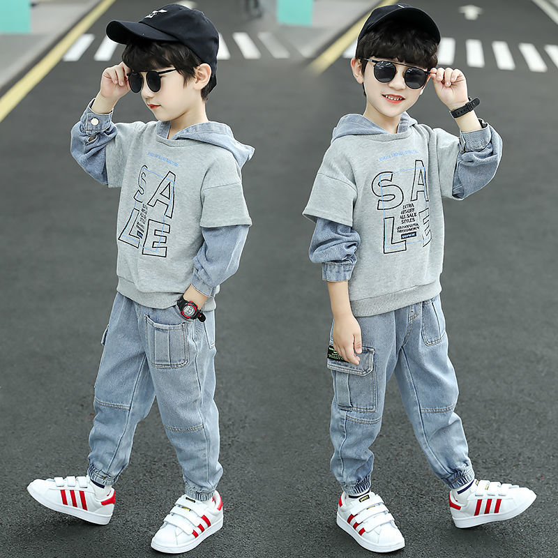 Children's clothing, boys' autumn suit, new children's spring boys' hoodie, two piece set of large children's denim clothes 1KG