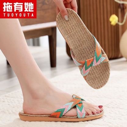 P Korean cute linen slippers summer ladies indoor non-slip sandals soft-soled household mute couple sandals and slippers women