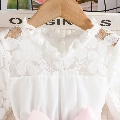 Girls dress princess wind Europe and the United States white lace stitching solid color hem princess skirt childhood dress dress.