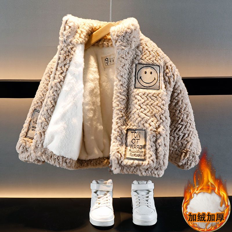 Children's clothing boys plus velvet jacket autumn and winter 2023 new thick handsome baby boy winter clothes children's lamb velvet