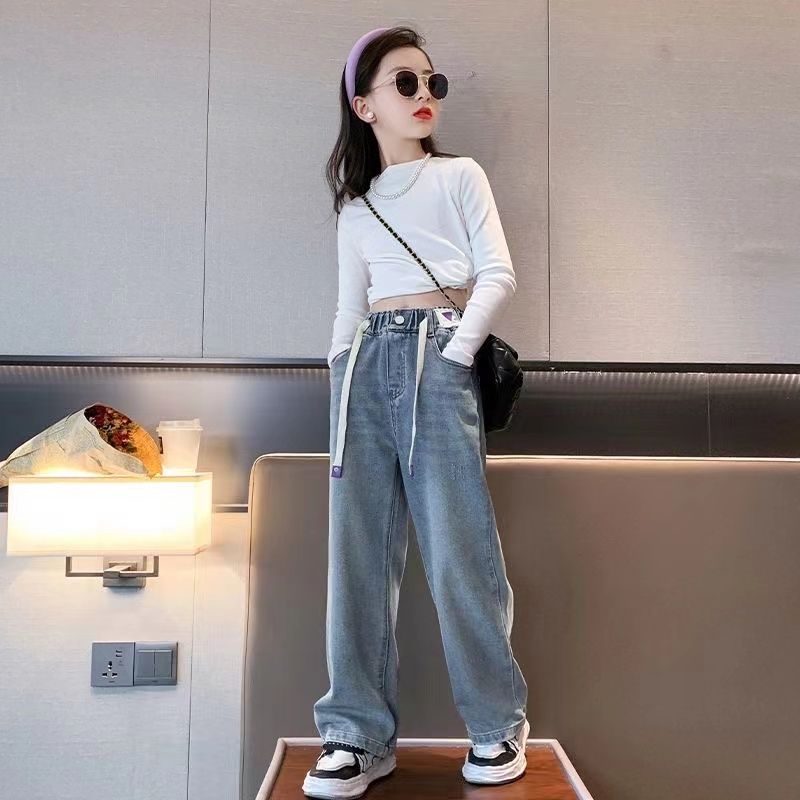 P girls pants spring and autumn Internet celebrity children medium and older children loose casual trousers girls jeans spring wide leg trousers