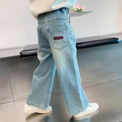 P girls jeans 2024 spring and autumn new girls Korean wide-leg pants medium and older children's foreign loose casual straight-leg pants