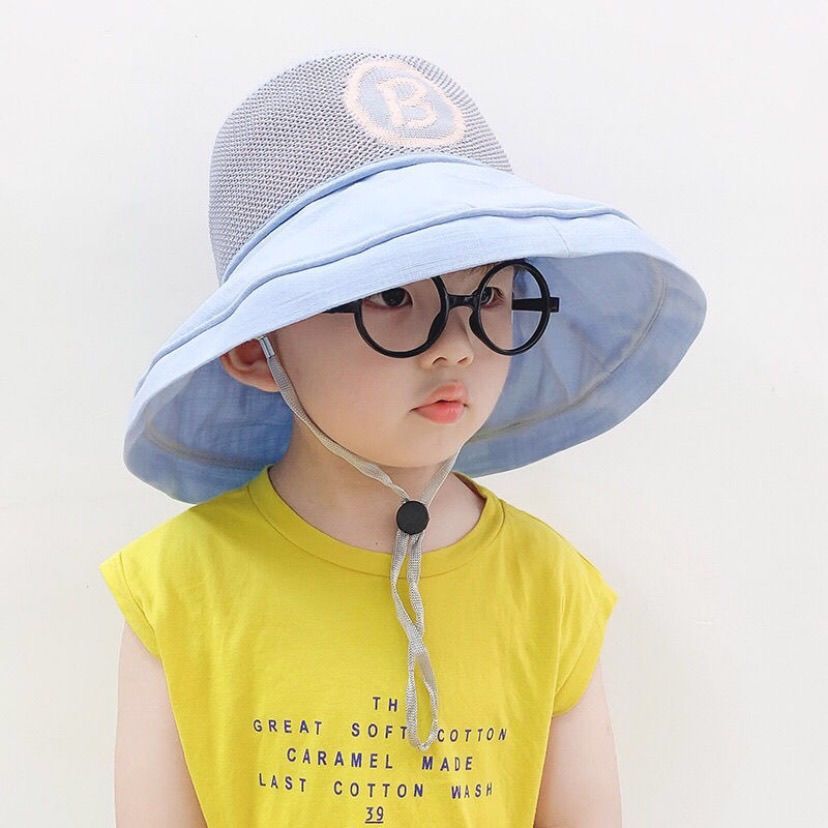 P children's sunscreen hat, summer boys' hat, large brim, summer sunshade hat, mesh fisherman's hat, wide brim, trendy and cool thin style