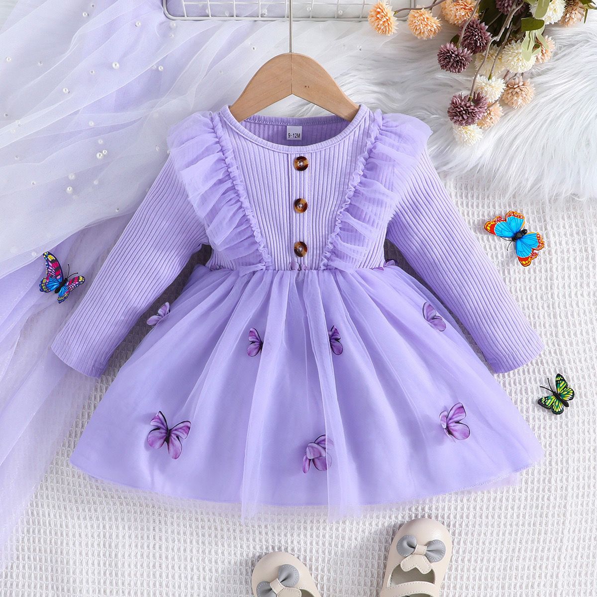 Vestido de manga larga nuevo de primavera y otoño para niñas medianas y pequeñas, falda de malla de moda para niñas pequeñas, falda de bebé europea y americana 