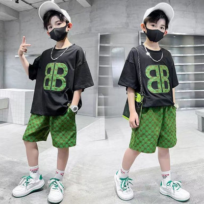 P single/suit boy summer short sleeve suit 2024 new Zhongda children boy online celebrity fashionable summer tide.