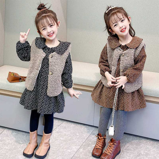 Girls' velvet dress suit, fashionable floral baby vest skirt, 2-piece set, new autumn and winter clothing, trendy for 3-8 years old