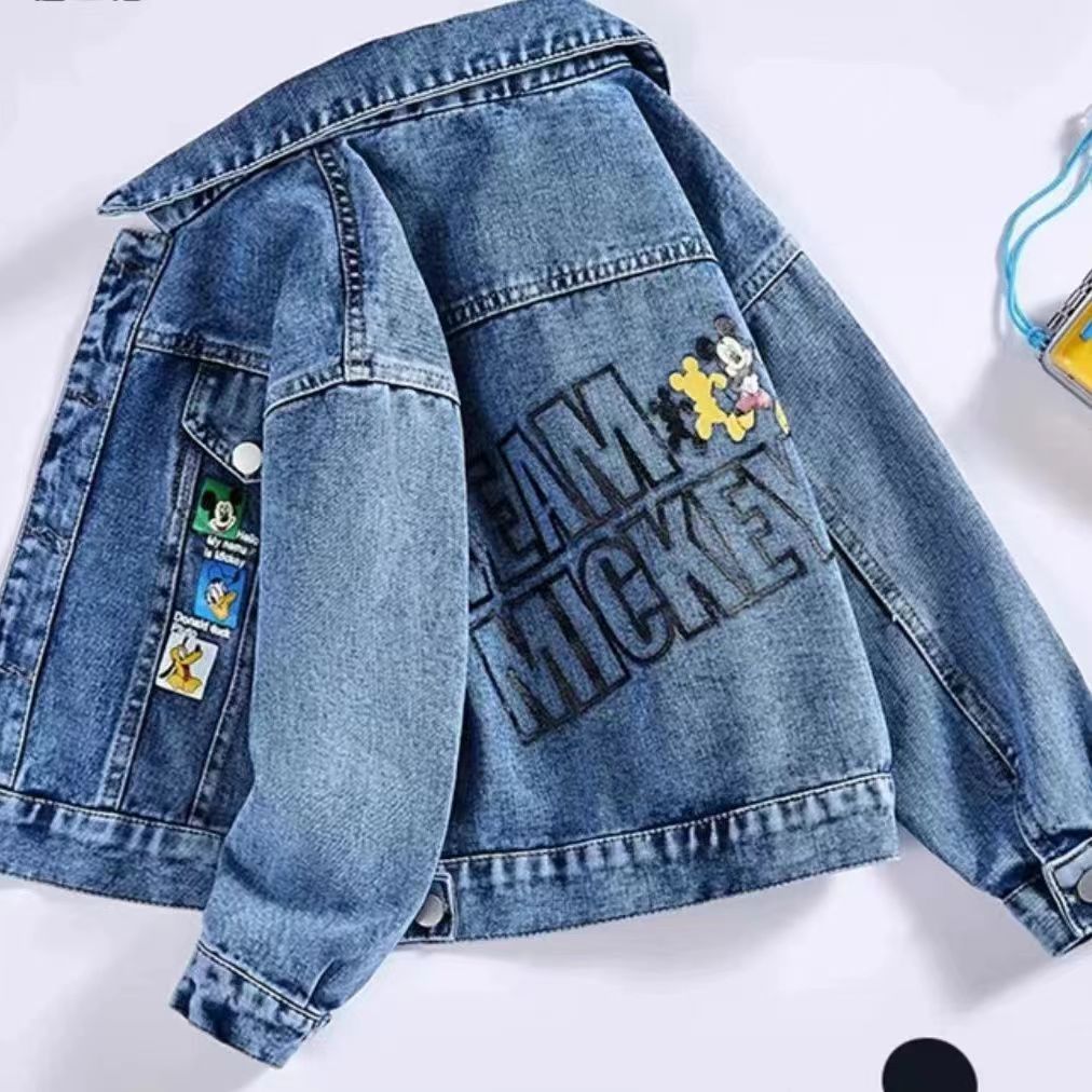 P Cool Handsome Windshield Children's Soft Denim Jacket Autumn Cartoon Splicing Printing Medium Older Children's Top Versatile Loose Handsome