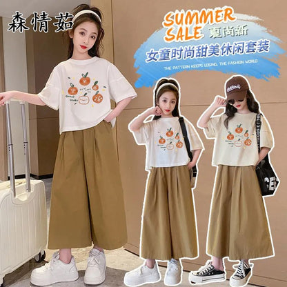 P Girls' suit, summer clothes, 2024 new foreign style girls, short-sleeved middle-sized children's wide-leg pants, cropped pants, two-piece children's clothes