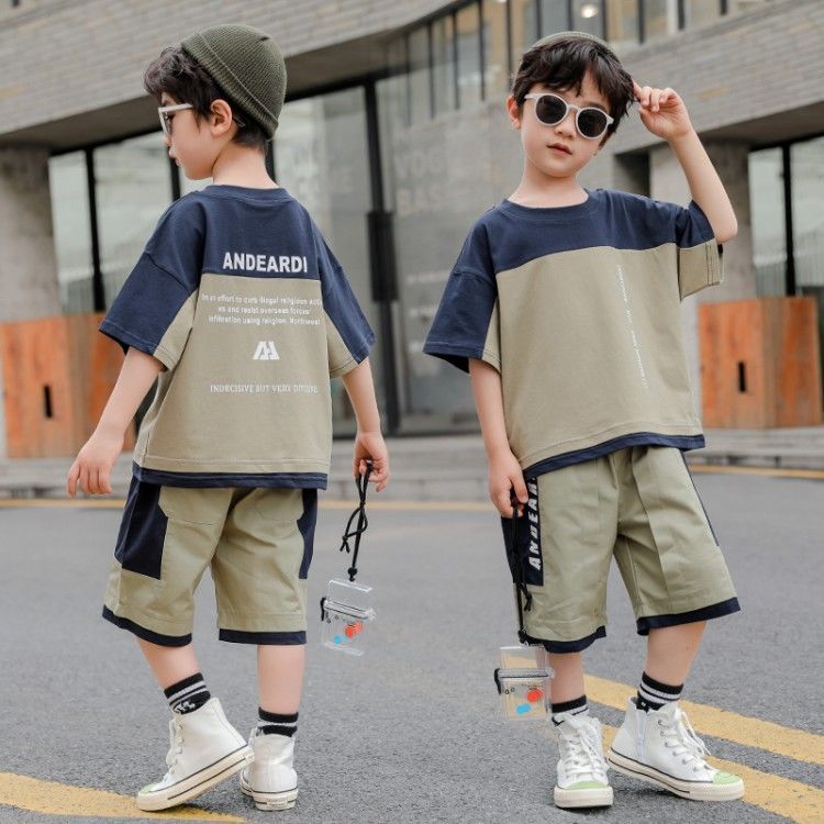 P Children&#039;s clothing boy summer suit 2024 new Korean version of children&#039;s large children&#039;s short-sleeved shorts two-piece western-style clothes