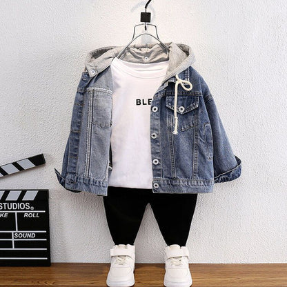 P boys denim jacket autumn spring and autumn 2024 new foreign style autumn fried street top medium and old children's hooded clothes tide