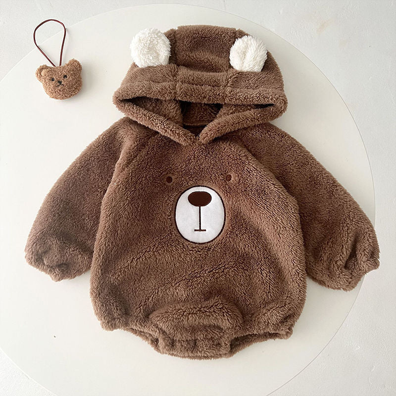 P ins baby clothes autumn and winter cute hooded bear baby velvet Romper climbing suit fart suit set two-piece set