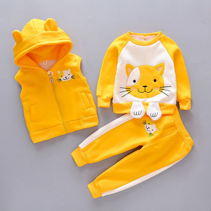 P Boys and girls 2024 winter clothes new set fleece thickened warm three-piece set baby children sweater winter clothes