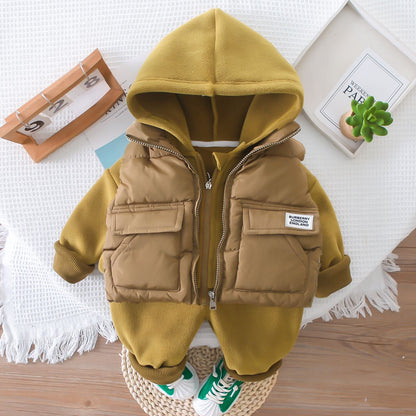 P Boys' autumn and winter foreign style velvet thickened three-piece baby winter suit baby children's thermal sweater trendy children's clothing