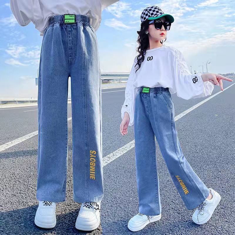 P girls jeans 2024 spring and autumn new girls Korean wide-leg pants medium and older children's foreign loose casual straight-leg pants