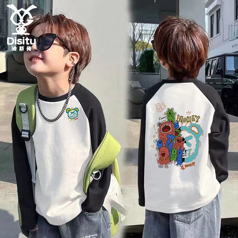 P Children's Spring and Autumn Clothing New Trendy T Baby Splicing Long Sleeve Boys and Girls Cartoon T-Shirt Medium and Children's Pure Cotton Bottom Top