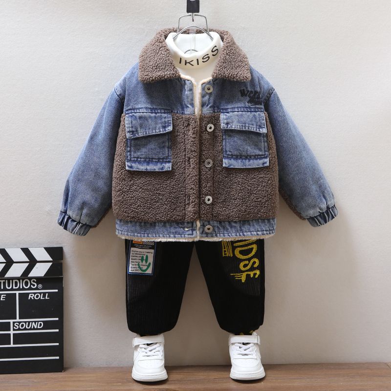 Boys' velvet denim jacket autumn and winter children's thickened denim jacket