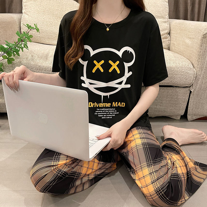 P cute bear pajamas women's summer new short-sleeved trousers thin Korean version loose can be worn outside Internet celebrity loungewear