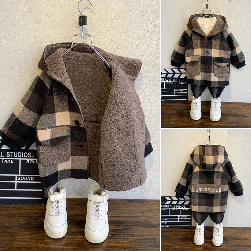 woolen coat for boys and girls, velvet thickened hooded coat