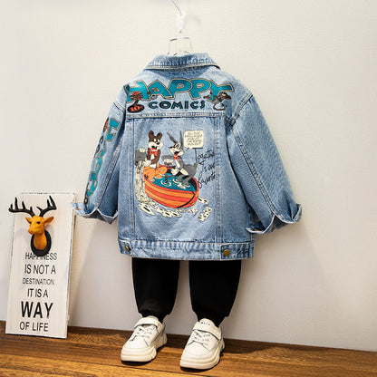 P Boys' Denim Jacket 2024 New Spring and Autumn Wear Children's Baby Handsome Denim Super Soft Spring Jacket