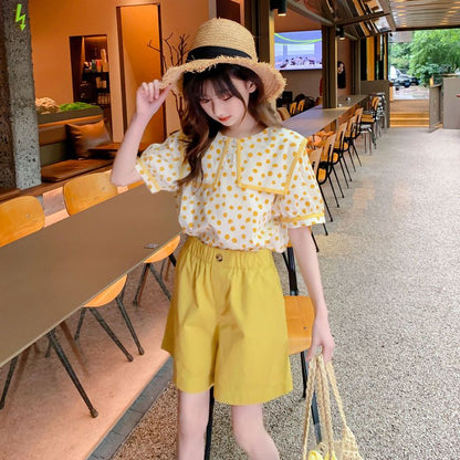 P Girls Summer Cotton Short Sleeve Set 2024 New Children's Shorts Summer Dress Foreign Atmosphere Little Girl Foreign Two-Piece Set